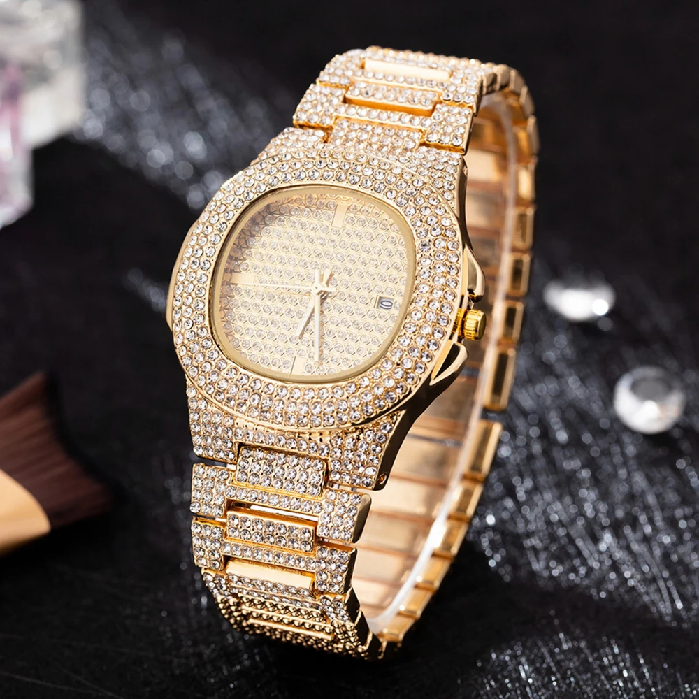 Luxury Women Watch Set Gold Watches Necklaces Bracelet Cuban Chain Butterfly Rhinestones Bling Jewelry 4Pcs Sets Gifts For women