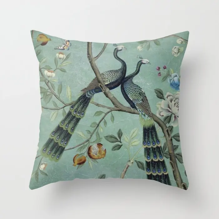 

A Teal of Two Birds Chinoiserie Cushion Cover Decorative Pillow Cover Case Seat Car Home Decor Throw Pillowcase Decoration