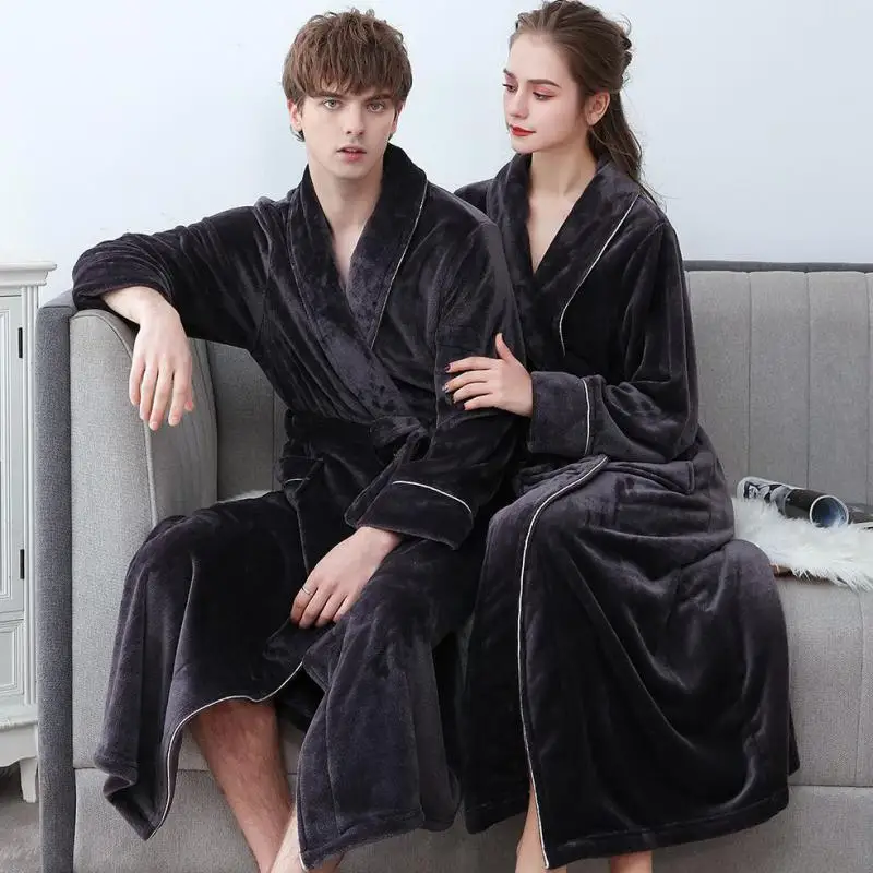 

Couples Casual Loose Women Flannel Kimono Robe Bath Gown Sleepwear Robes Warm Long Nightgown Men Nightrobe Nightdress Homewear