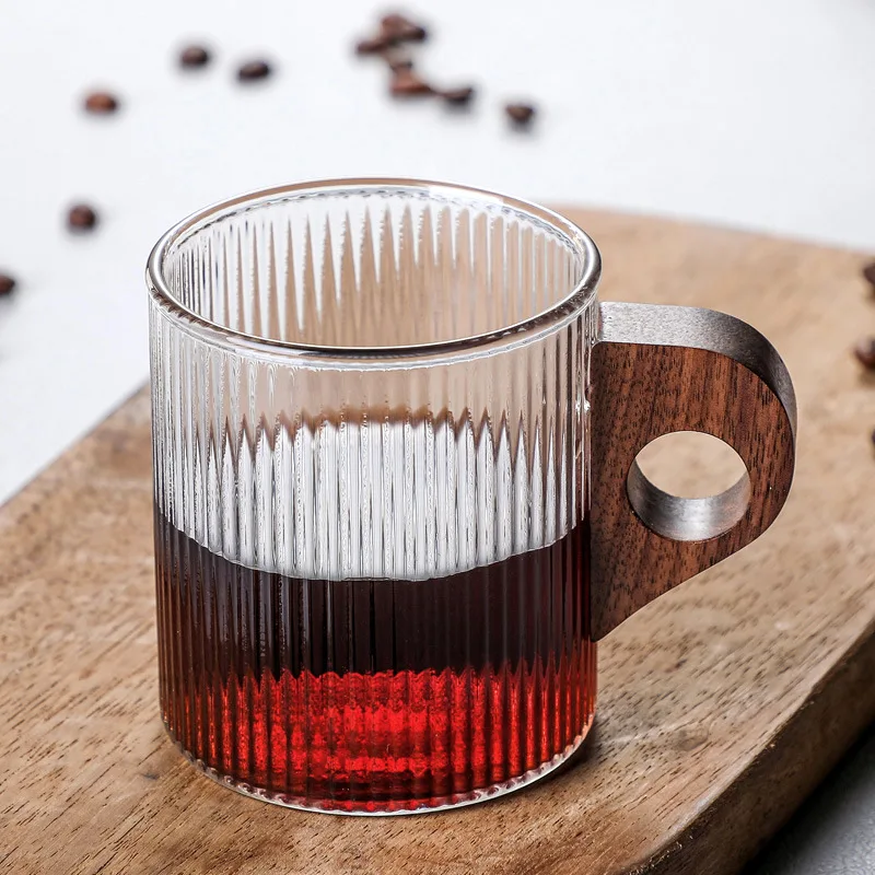 Glass Coffee Mug Japanese-Style Glass Cup with Wooden Handle Vertical Stripes Tea Milk Cup Home Office Drinkware Beer Mug Gift