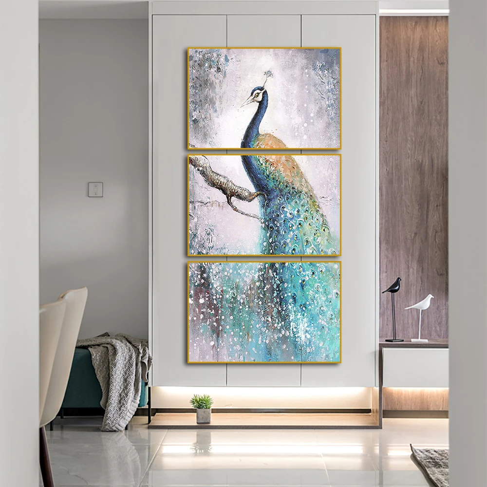 

3 Panel Blue Peacock Posters and Prints Canvas Painting Nordic Animal Posters and Prints Wall Art Picture for Living Room Decor