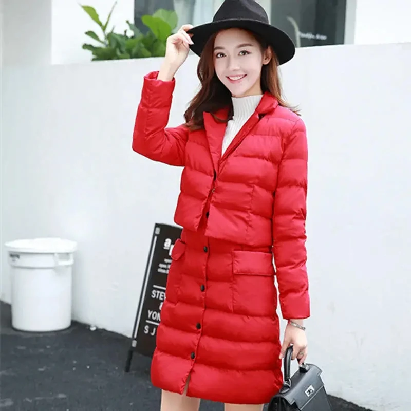 Winter Pop Women Jacket Cotton Padded Vest Two-piece Suit Female Coat Mid Long High Quality Warm Outwear Parka Vest Suit R1426