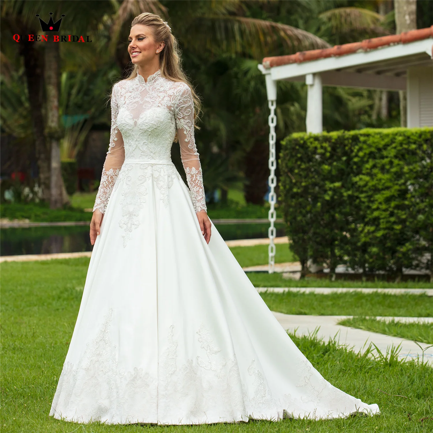 Elegant Ball Gown High Neck Long Sleeve Wedding Dresses Satin Lace Crystal Beaded 2021 New Design Bride Dresses Custom Size BZ12