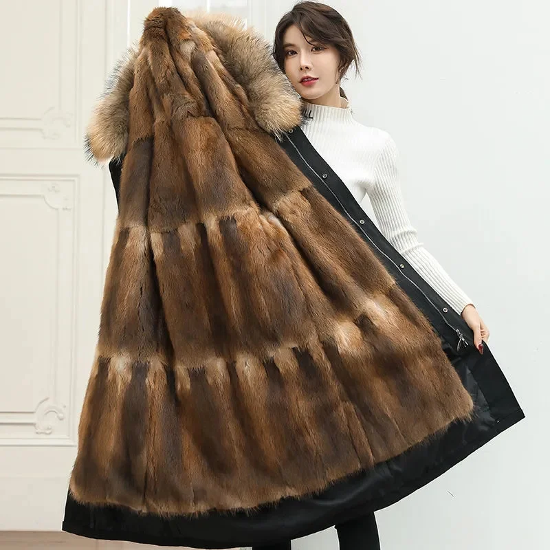 2021 New Parka Winter Coat Women One-Piece Detachable Liner Female Green Root Carved Fox Fur Imitation Fur Coat Hooded Black