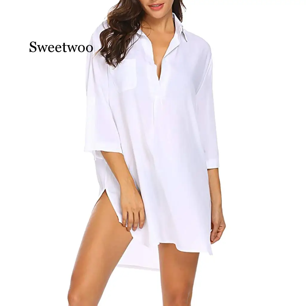 Delle donne Camicette Con Scollo A V Manica Lunga casual Magliette e camicette Camicetta Camicette Spiaggia Elegante Allentato Magliette e camicette Bianco casual della Camicia Della Protezione Solare