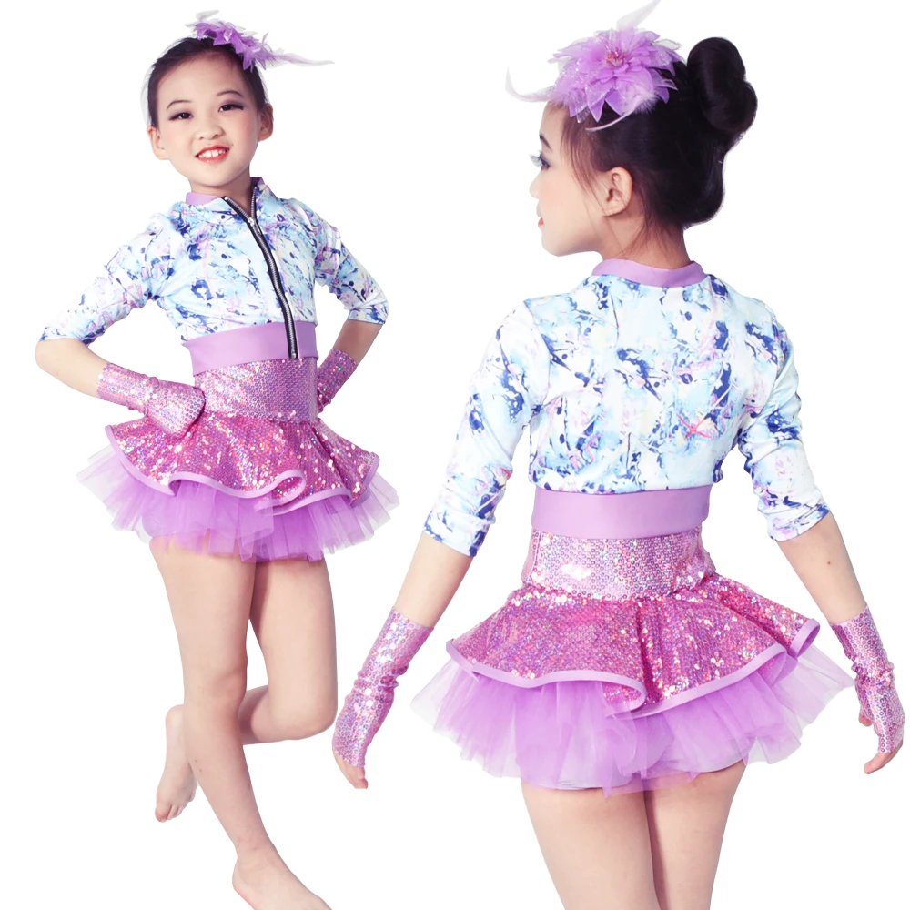 Cheerful Tap Wear Lycra Jacket Sequins Dress Jazz Dance Outfits Performance Costume For Girls