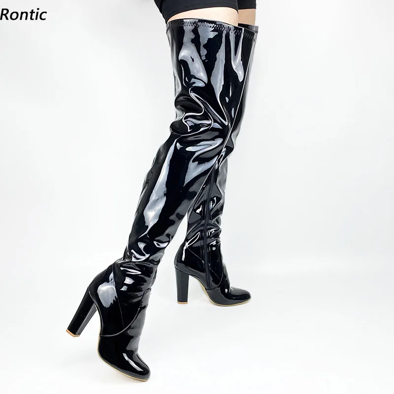 

Rontic Personal Customized Women Spring Thigh Boots Unisex Patent Block Heels Round Toe Elegant Black Cosplay Shoes US Size 5-20