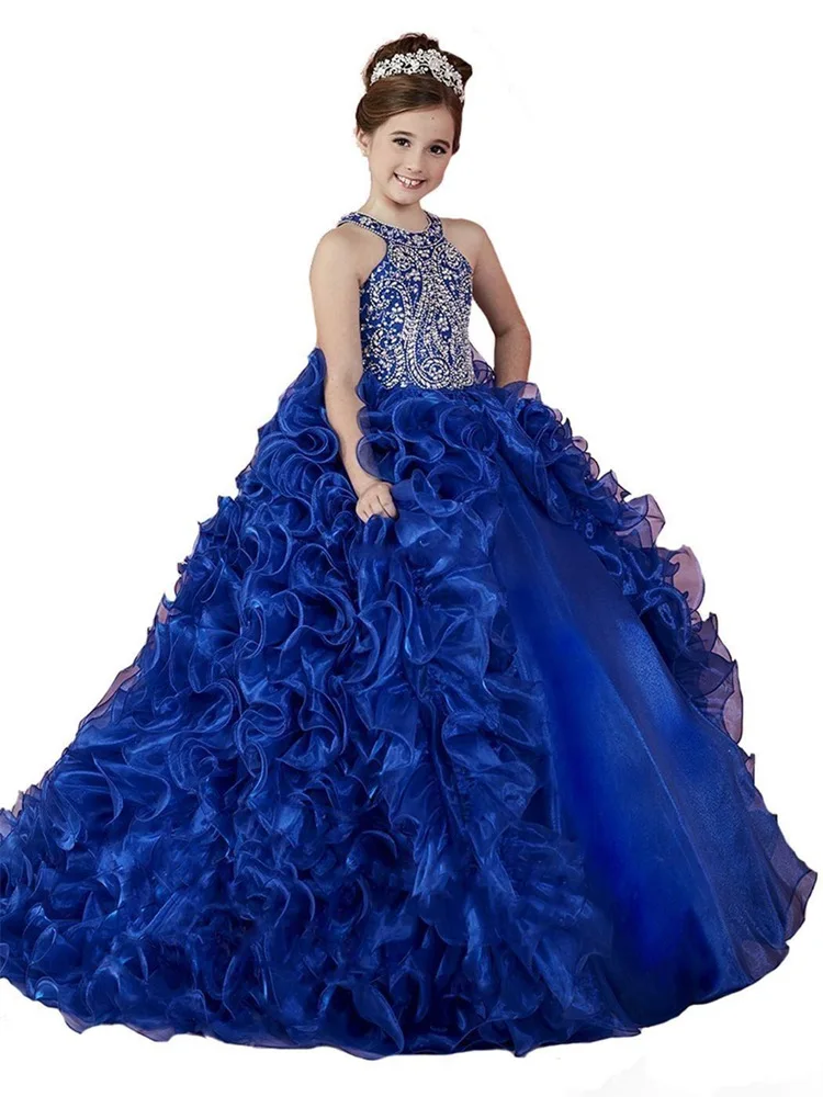 Vestidos de niña de las flores azul real de lujo sin mangas, vestido de desfile de fiesta de cumpleaños de princesa pequeña, vestido de desfile de primera comunión