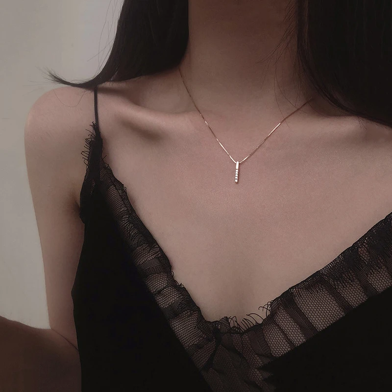 ANENJERY Silver Color Strip Geometric Cubic Zircon Necklace Simple Clavicle Chain Charm Necklace For Women Jewelry S-N545