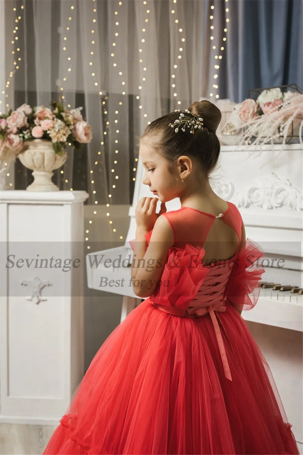 Sevintage Red Ruffles Tulle Flower sukienki dla dziewczynek na wesele O-Neck wielowarstwowa księżniczka dzieci sukienka gorset Bady formalne suknie