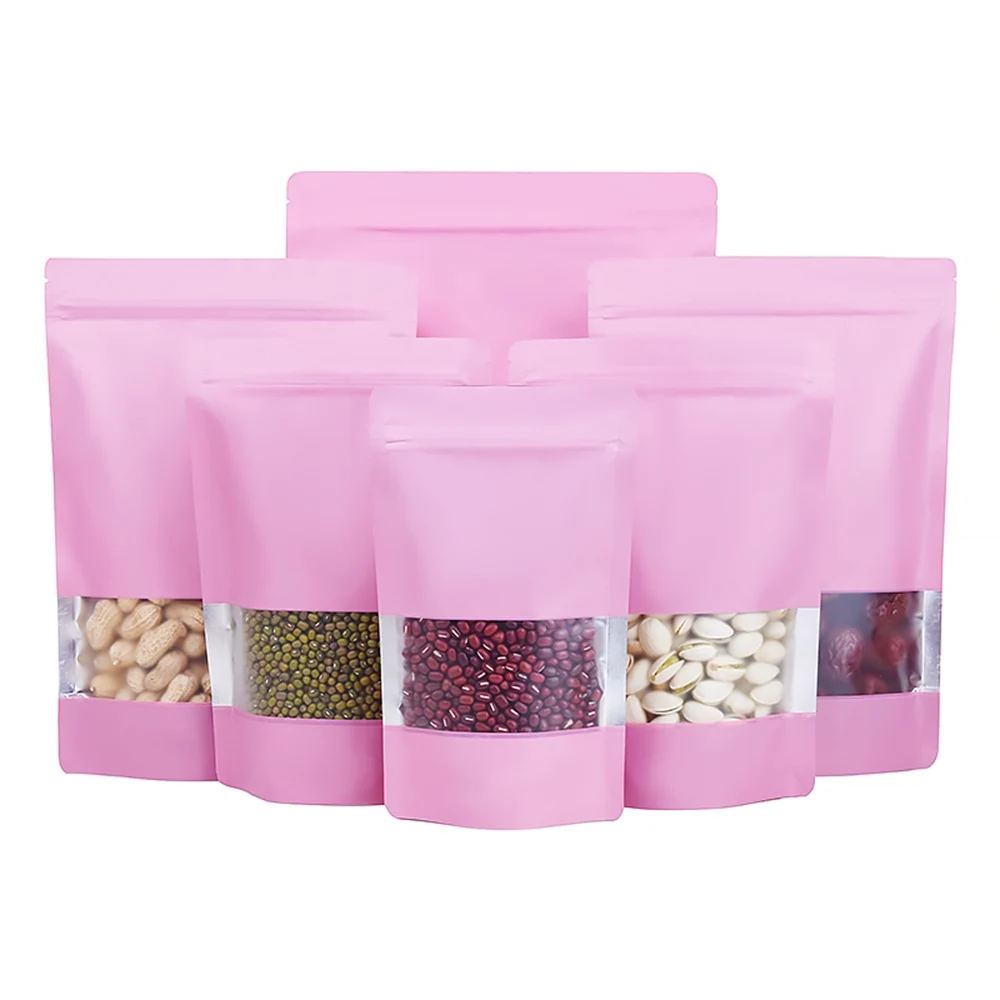 

100Pcs/Lot Pink Aluminum Foil Pouches Food Packaging Window Bags Resealable Grip Seal Zip Stand Up Bag for Grains Tea Nuts Gift