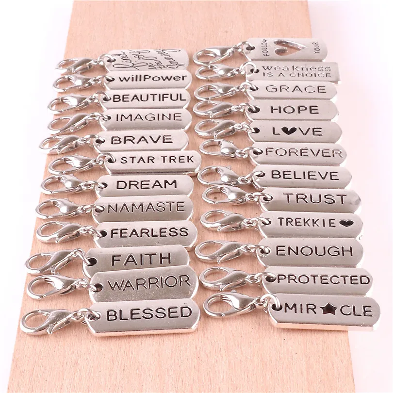 Mix 24pcs Geometric Letter Word Metal Charm Lobster Clasp Pendants fit Bracelets Necklace DIY Jewelry Making Jewelry Accessorie