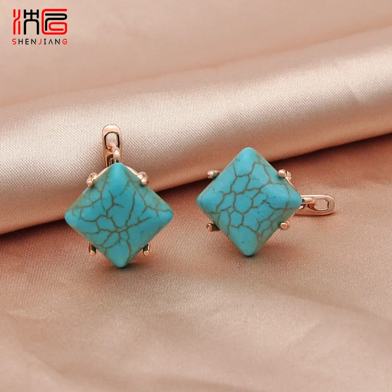 SHENJIANG New Vintage Square Synthetic Turquoises 585 Rose Gold Color Dangle Earrings For Women Wedding Jewelry Fine Gift