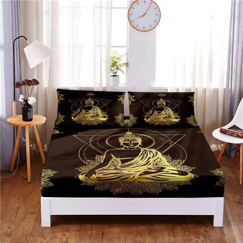 Buddhist Painting Printed 3pc Polyester  Fitted Sheet Mattress Cover Four Corners with Elastic Band Bed Sheet Pillowcases