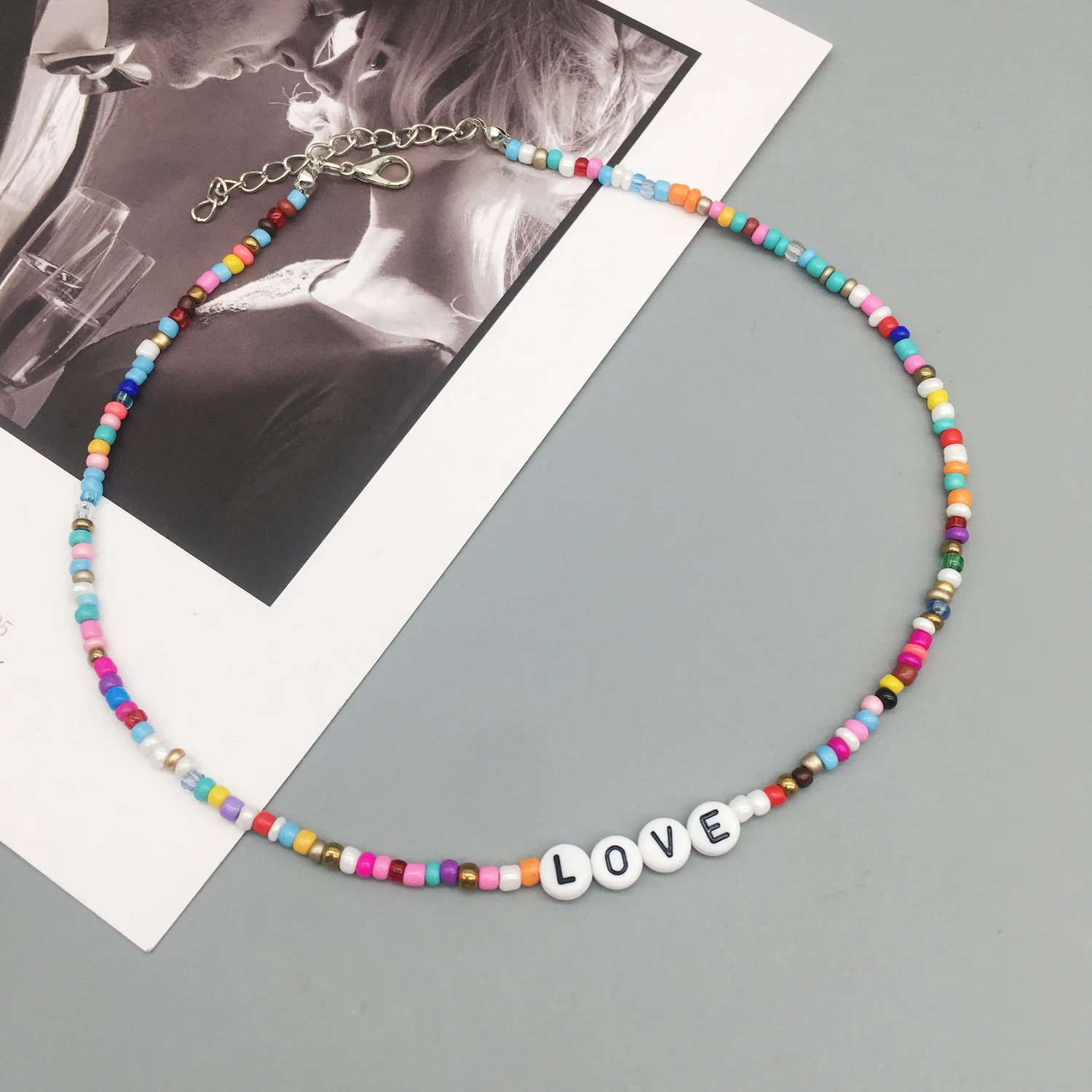 Boho Handmade Diy Seed Bead Necklace Letter Lucky Love Happy Choker Strand Chain Colorful Female Beach Collier Femme Jewelry