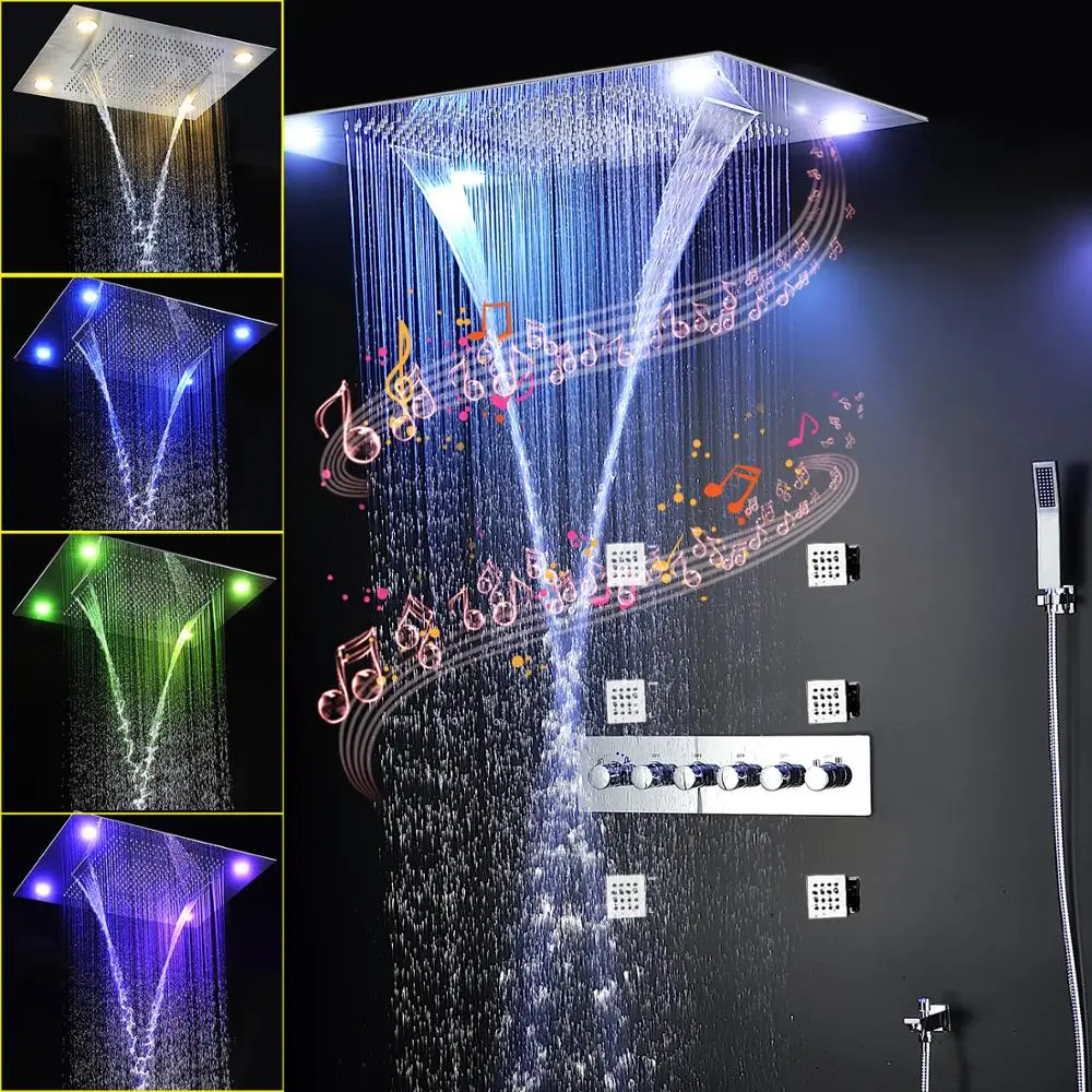 24x32 Inches Bluetooth Music Remote LED Shower Head Set Rainfall Waterfall Thermostatic Mixer Valve Faucet 2 Inch Massage Jet