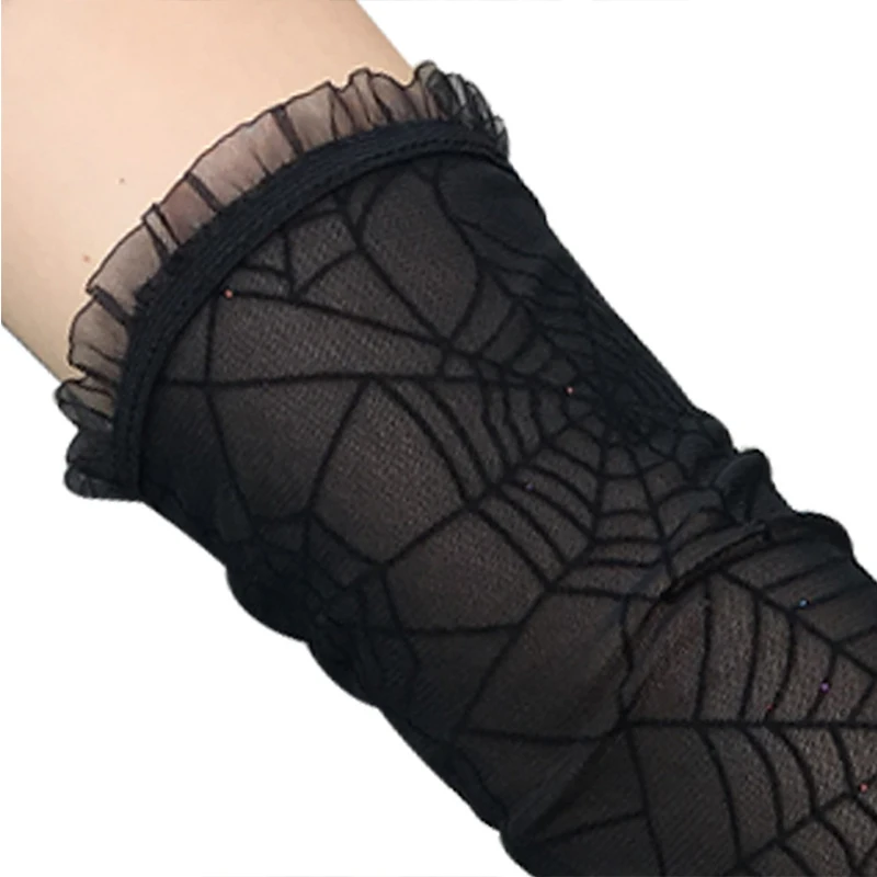 Rock Party Hip-hop Gloves Transparent Punk Mitten 2023 Cool Halloween Mesh Fingerless Cuff Cobweb Lace Gothic Women Black Print