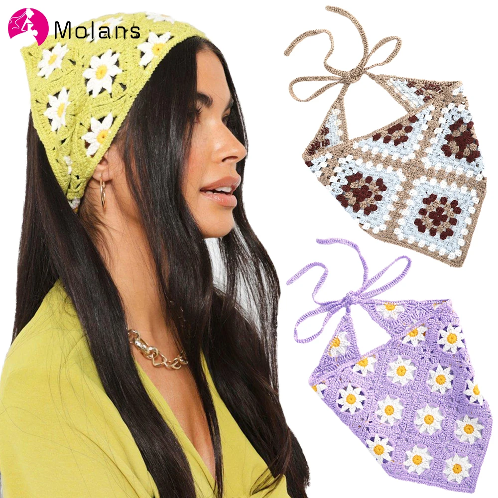 Molans Women Triangle Bandanas Turban Crochet Hair Scarf Hairband Knitted Headband Elastic Hair Band Headwrap Hair Accessories