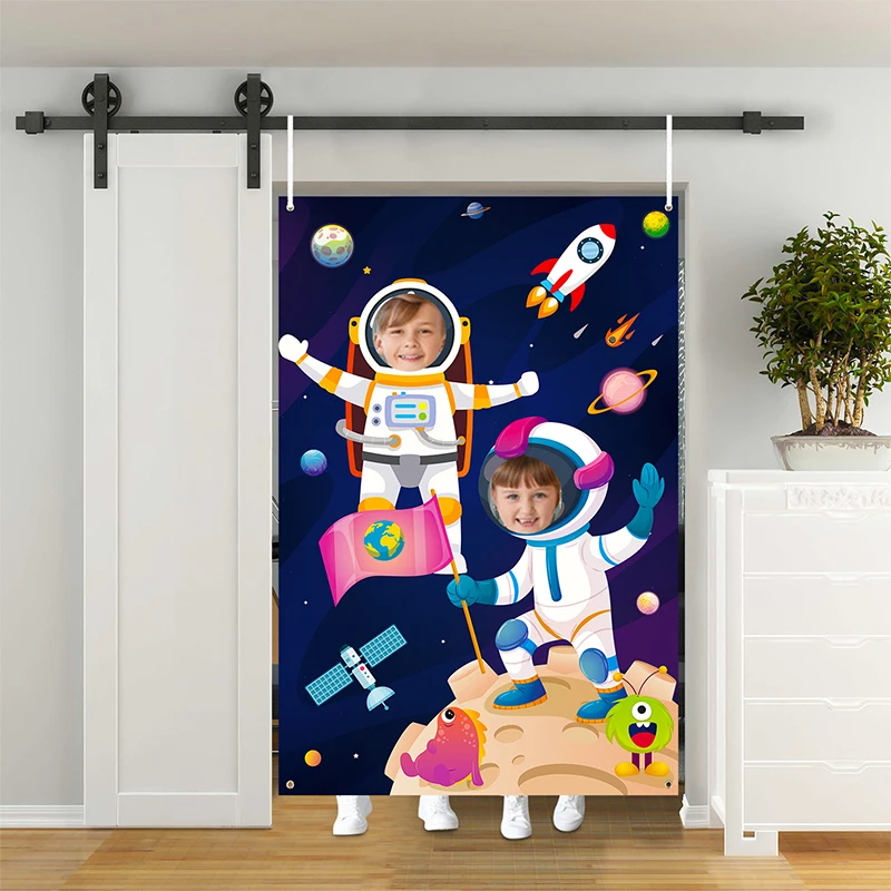 Ruimte Foto Achtergrond Rekwisieten Banner Astronaut Gezicht Fotografie Achtergrond Universe Thema Pretend Play Party Game Levert Voor Kinderen