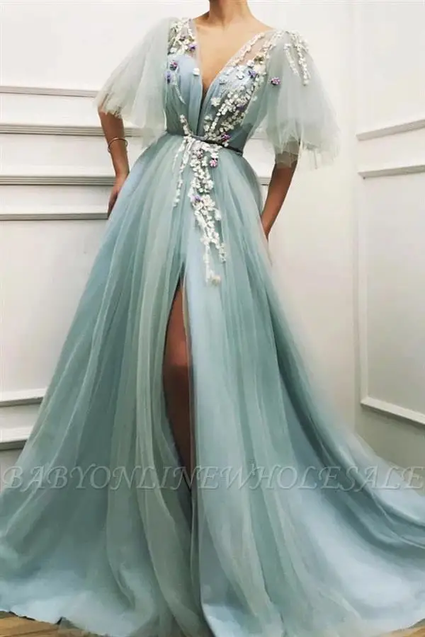 Sexy 2021 African Evening Dresses Deep V-neck High Split Prom Dresses Hand Made Flowers Formal Party Evening Pageant Gowns