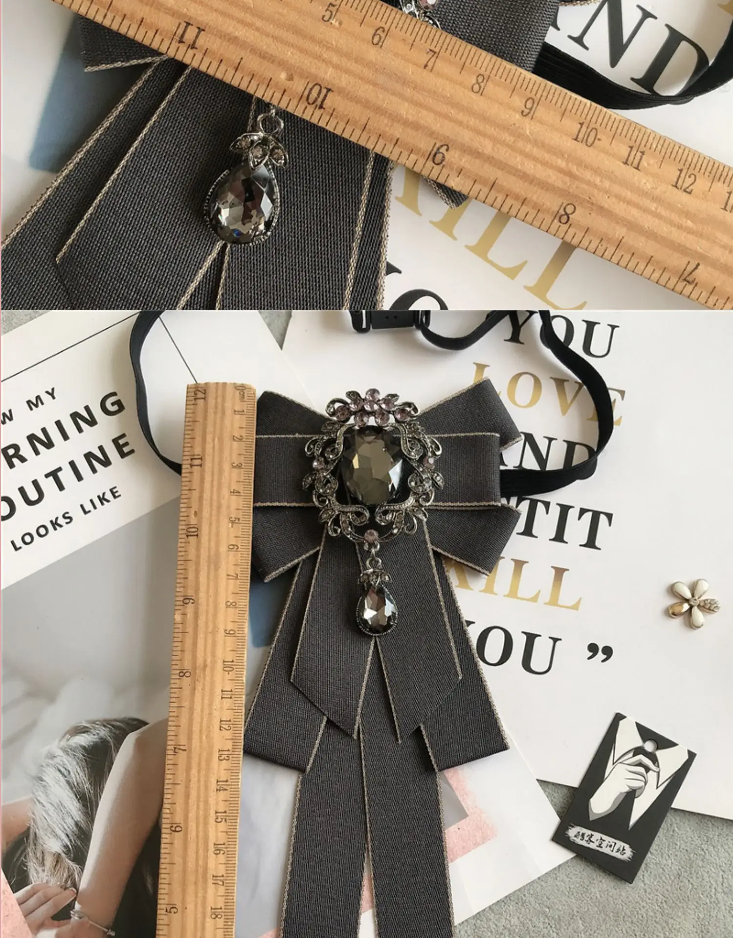 Strass-Schleifenkrawatte für Damen – Abschlussfeier, Foto-Requisite, Schuluniform, Schleifenband, süße, literarische und künstlerische Karo-Schleifenkrawatte, Kragenblume – Detail 6