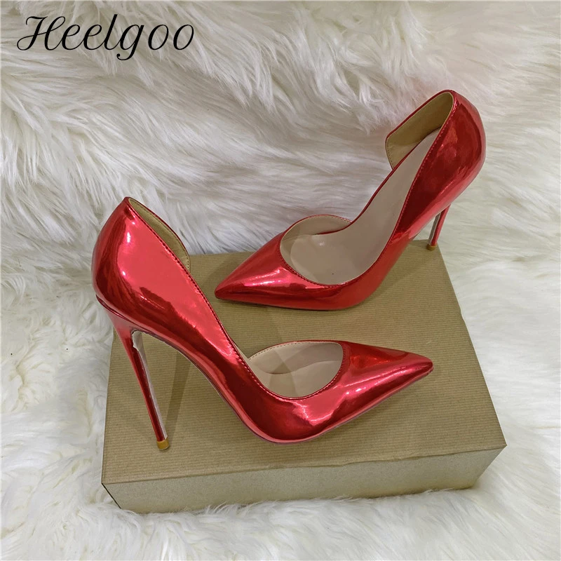 Heelgoo Women Shiny Patent D\'Orsay Pointy Toe High Heel Wedding Party Shoes Solid Red Blue Stiletto Pumps Colors Customize