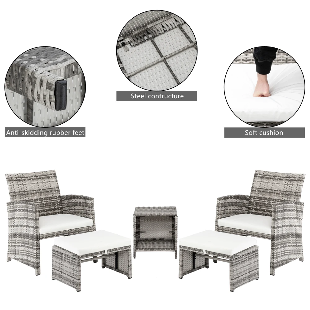 5Pcs Patio Furniture Set Include 2 Chairs 2 Footstools 1 Coffee Table High Quality PE Rattan&Iron Frame Gray Gradient[US-Stock]