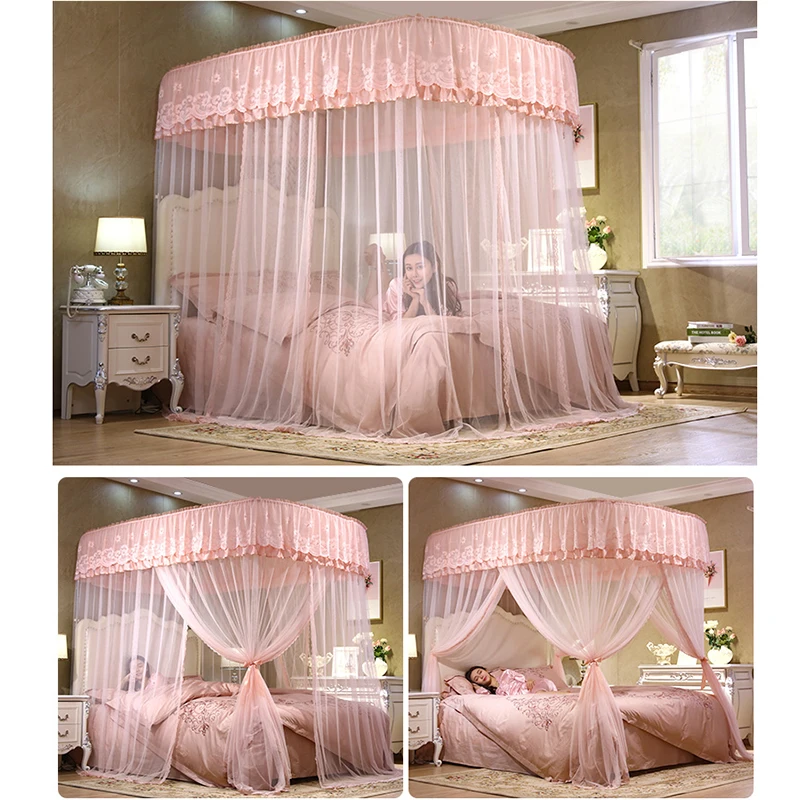 U-type Telescopic Mosquito Net Palace Princess Wind 1.8 M Bed Three Door Double Home Thickening 1.2 M Curtains Home Supplies