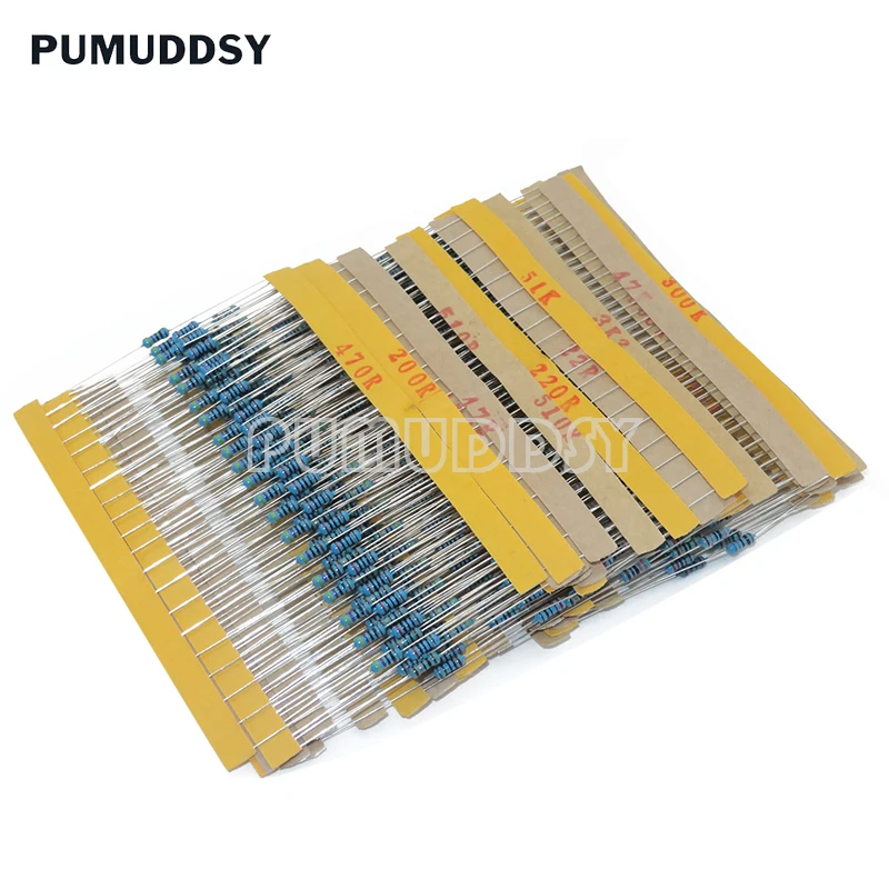 600 unids/set 30 tipos 1/4W resistencia 1% paquete de resistencias de película metálica Kit surtido 1K 10K 100K 220ohm 1M resistencias 300 unids/set