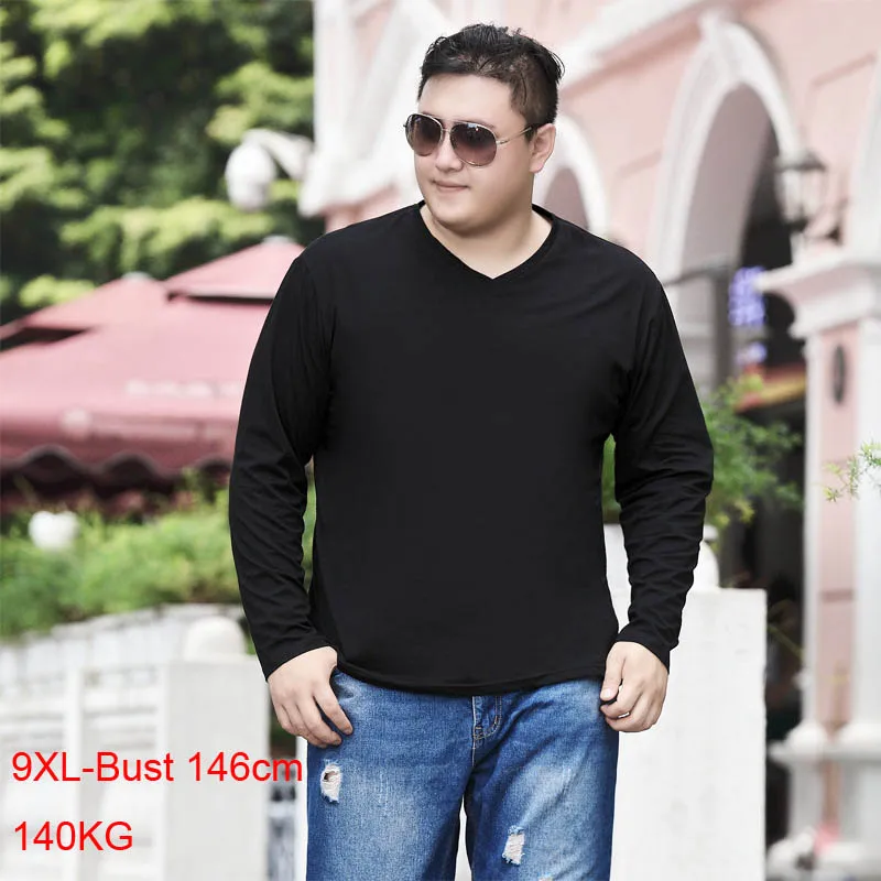 140Kg Plus size spring autumn men's V-neck long-sleeved cotton T-shirt bust 146cm 6XL 7XL 8XL 9XL loose casual black t-shirt men