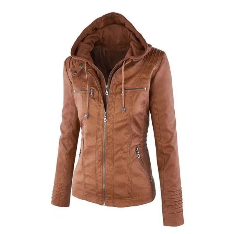 Customizable Hooded Leather Jacket Autumn Winter women's with zipper leather jacket short PU jacket coat Suit Jackets