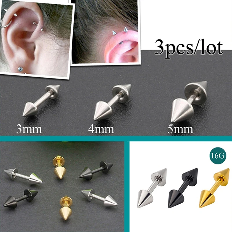 3PCS Surgical Steel Cartilage Piercing Studs Earring Barbell Ear Tragus Stud Rook Cone Helix Stud Man Woman Piercing Jewelry 16G