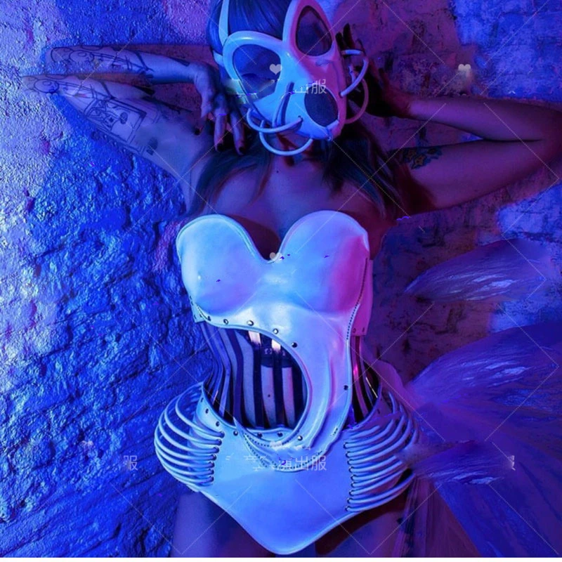 

mask Cheek bone style bar gogo costumes Space show future white armor bodysuit nightclub ds costumes sexy costume stage wear