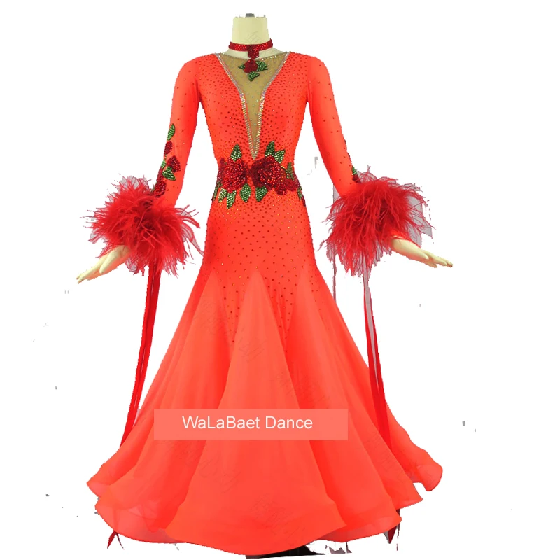 Vestidos de dança de salão de baile padrão de penas femininas valsa flamenco vestido traje trajes de dança