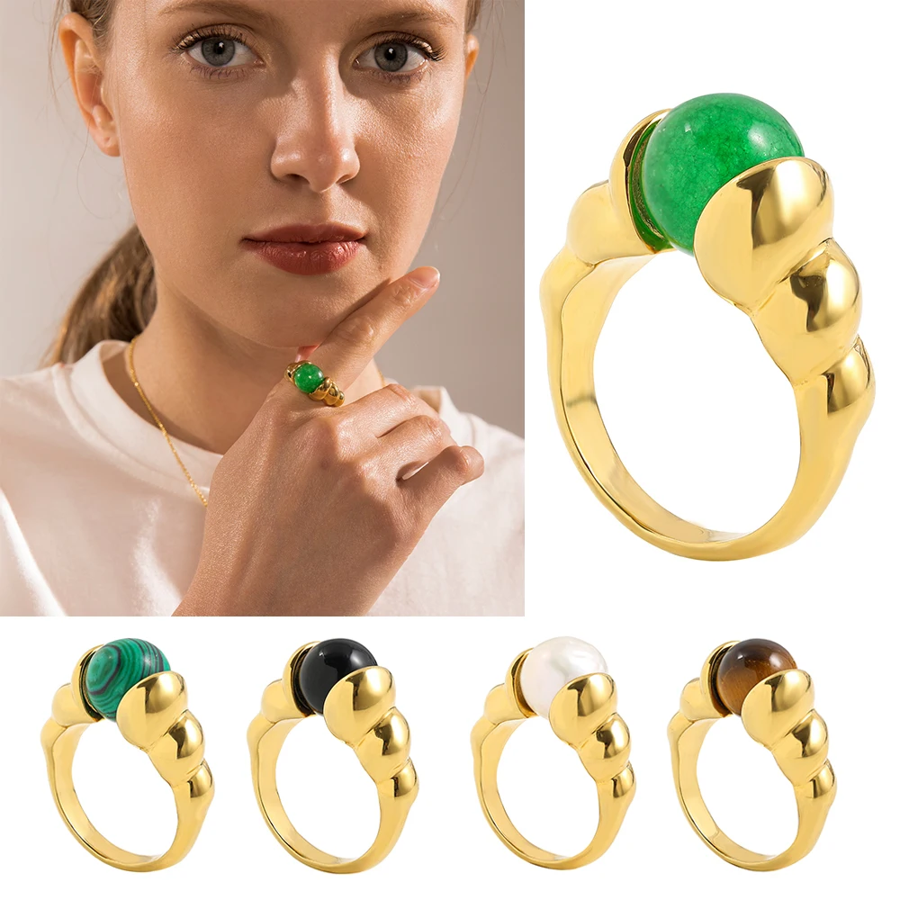 Vintage Croissant Chunky Ring Adjustable Round White Pearl Beads Green Stone Rings for Women Charm Wedding Jewelry Gift