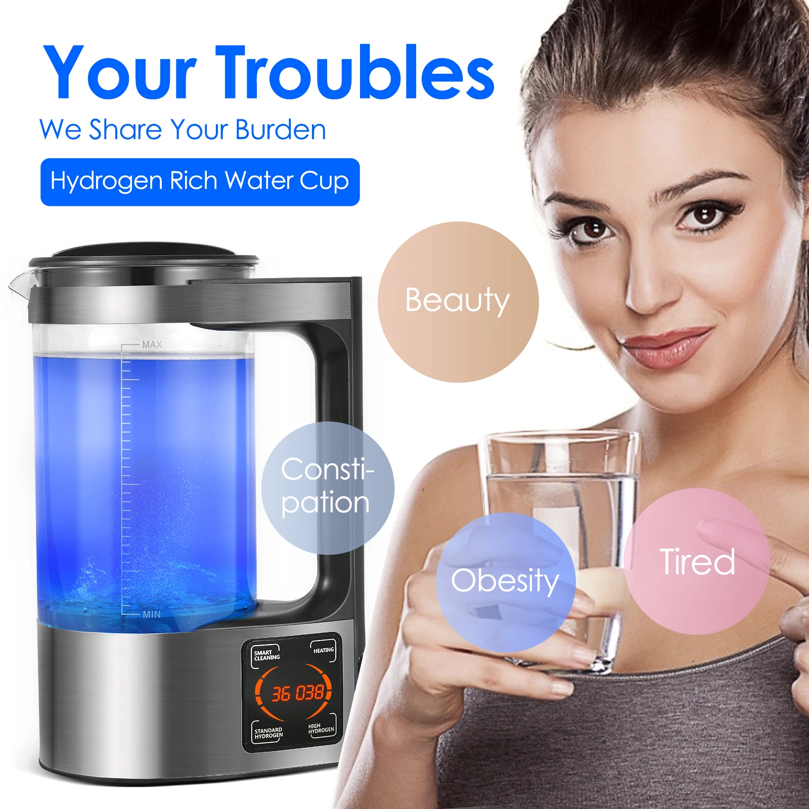 

2L Electric Hydrogen Rich Water Kettle Water Ionizer Machine Water Filter Drink Hydrogen Water Generator With LED Display 220V