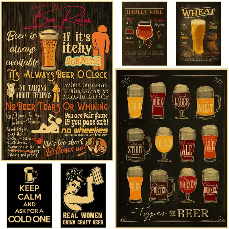 Vintage Beer Cocktail Collection Posters Kraft Paper Poster Wall Stickers Home Bar Wall Decor Bedroom Study Cafe Art Painting