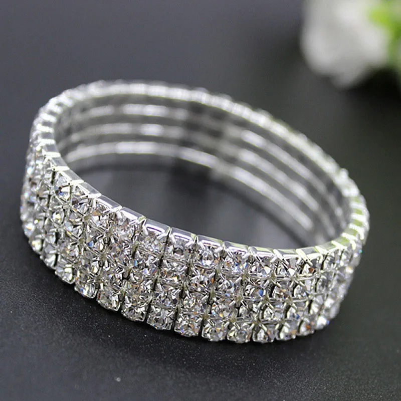 Sparkling Silver Color Crystal Bracelets For Women 3 Rows Rhinestone Stretchy Bracelets Bangles Female Wedding Prom Jewelry