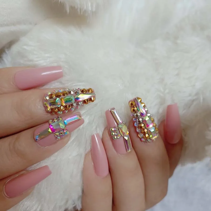 24pcs latest candy long ballet handmade crystal diamond fake nails sexy deep pink