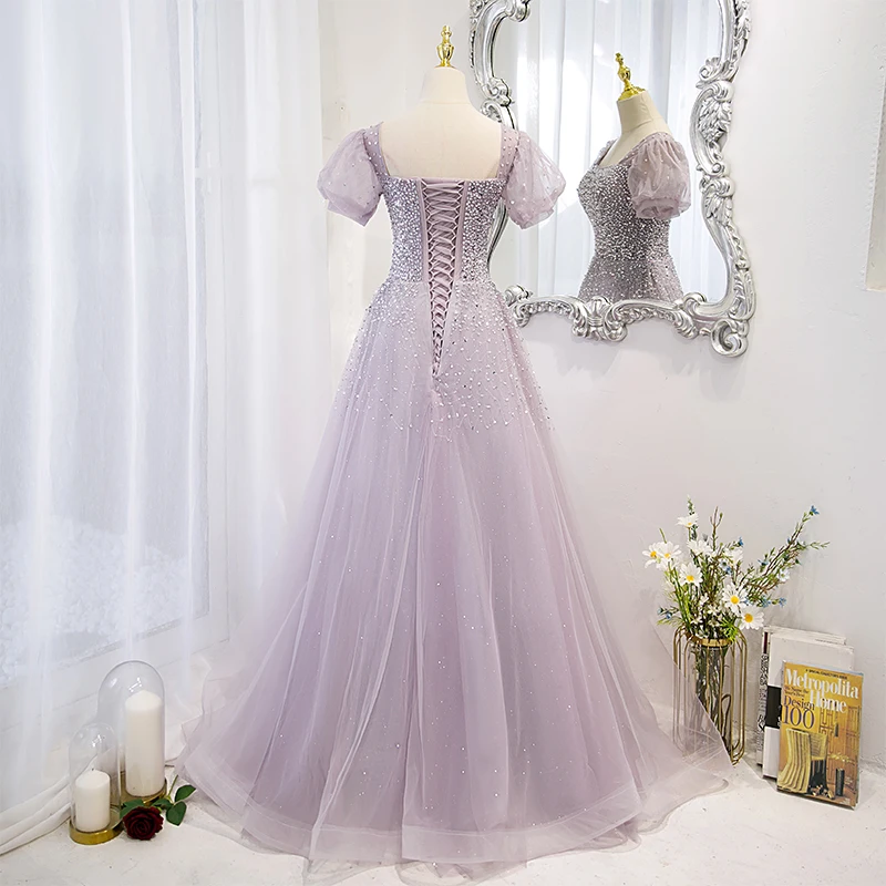 Customized  Romantic Light Purple Evening Dress for Women Square Collar Puff Sleeve A-line Sequins Beading Formal Party Gowns