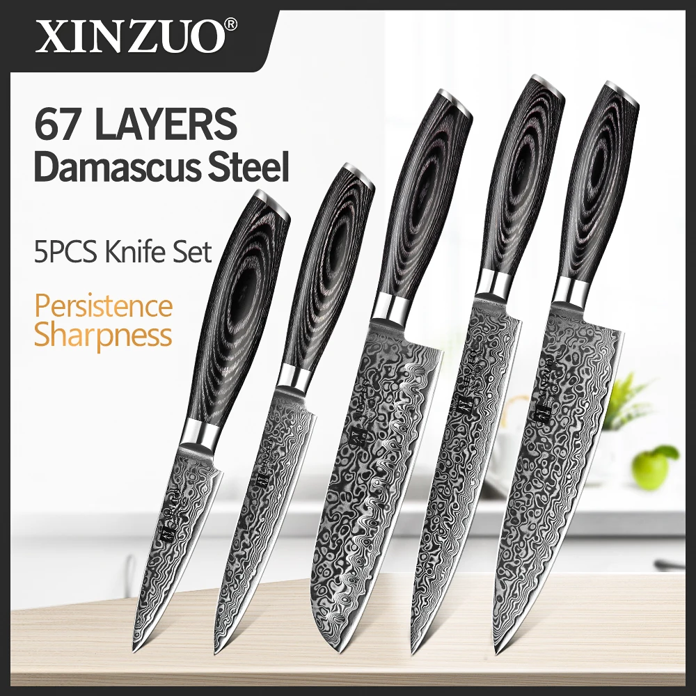 

XINZUO 5PCS Kitchen Knives Set 67 Layer Chinese VG10 Damascus Steel Chef Slicing Santoku Utility Paring Knife Pakka Wood Handle