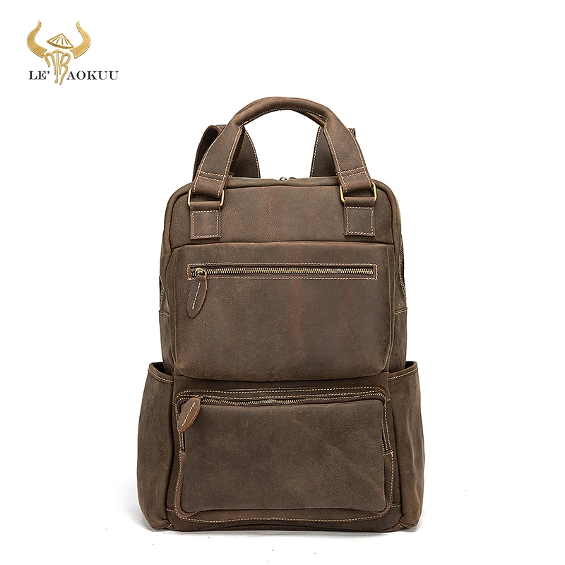 

Men Top Quality Leather Retro Large Travel University College School Bag Designer Male Backpack Daypack Student Laptop Bag 5005