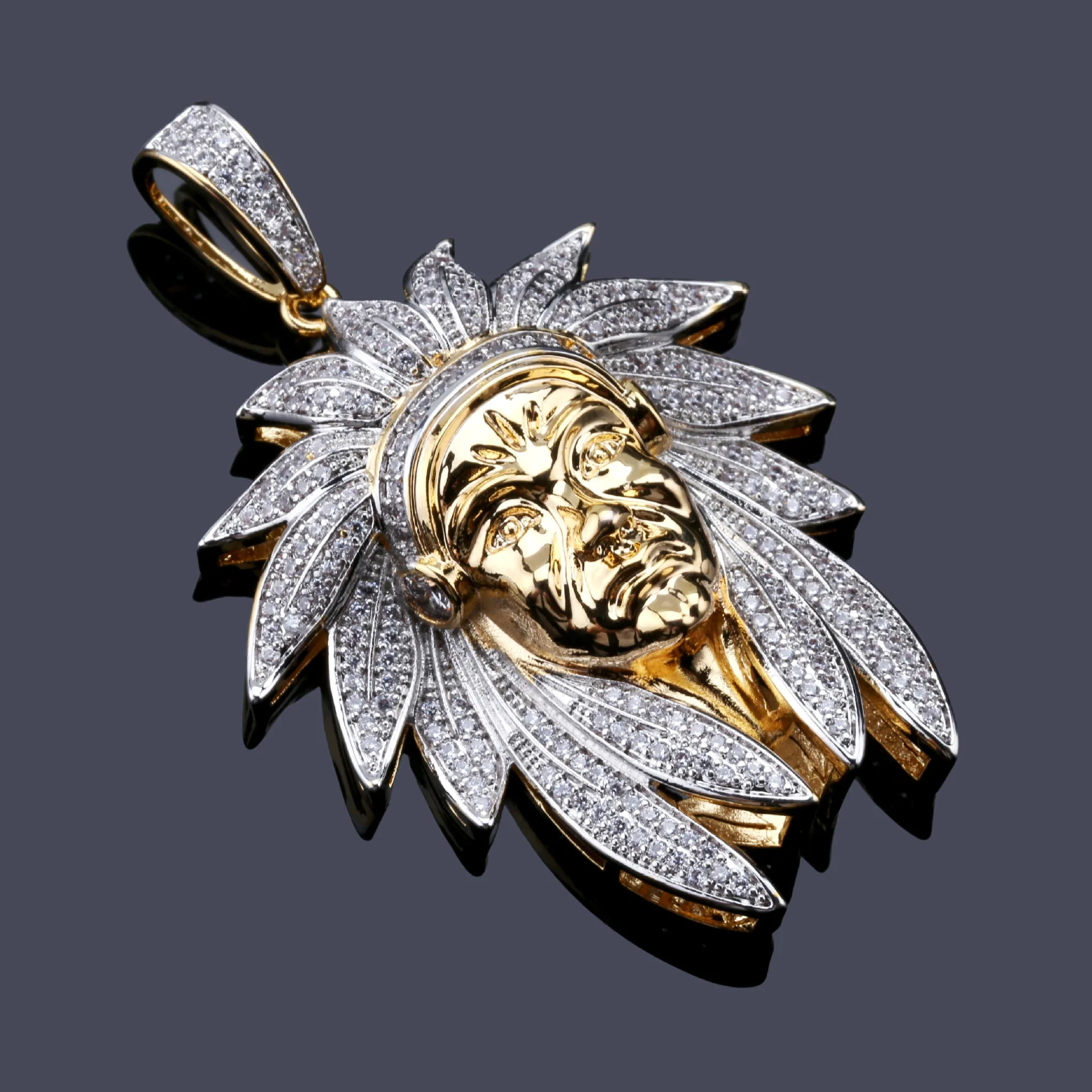 

Indian Chief Head Charm Iced Out Pendant Hip Hop Necklaces Gold Silver Color Long Link Chains For Men Rapper Gift Jewelry