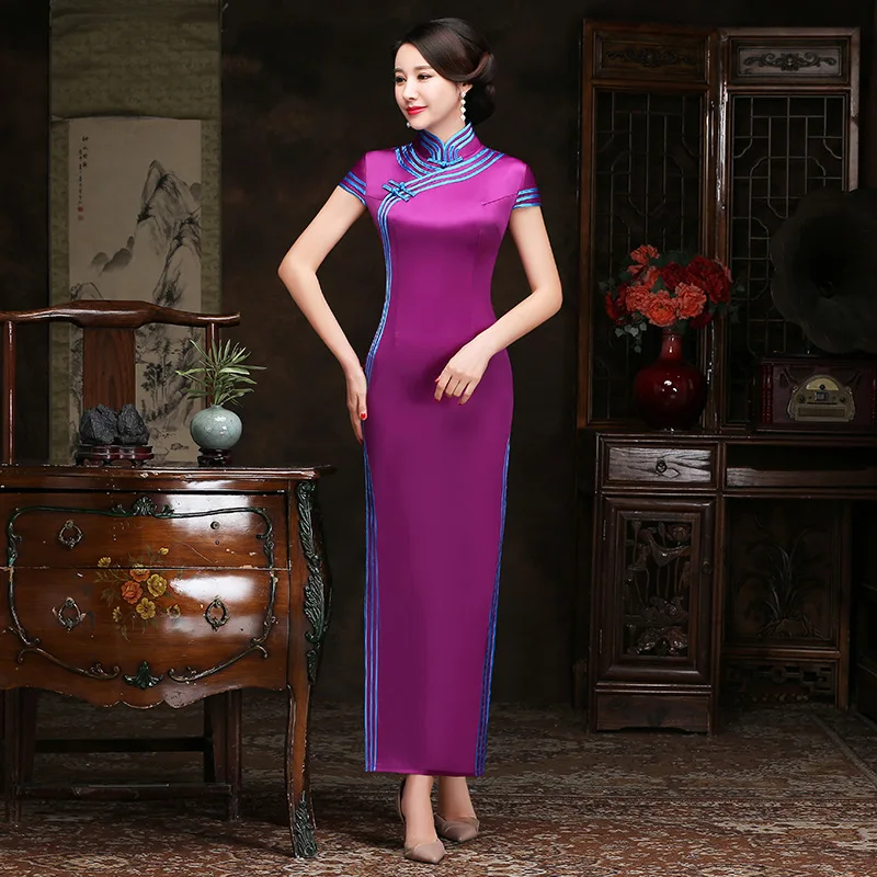 Plus Size 3xl 4xl 5xl Slim Purple Qipao Sexy Satin Cheongsam Elegant Mandarin Collar Chinese Dress Long Classic Vestidos Gown