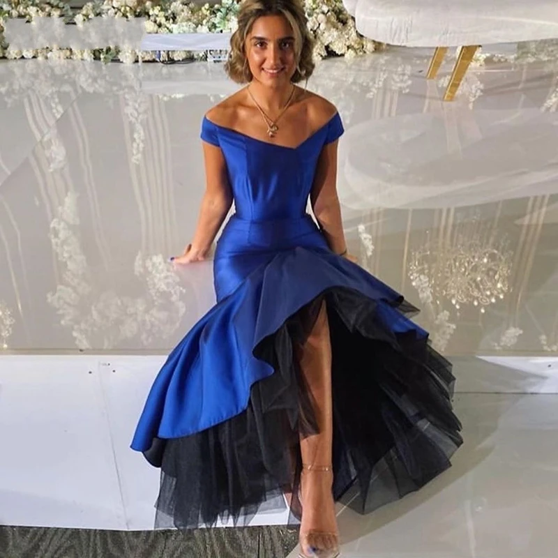 Gaun Malam Putri Duyung Biru Royal Kerah V Mode Baru 2020 Gaun Formal Tulle Hitam Gaun Prom Pesta Robe De Soiree