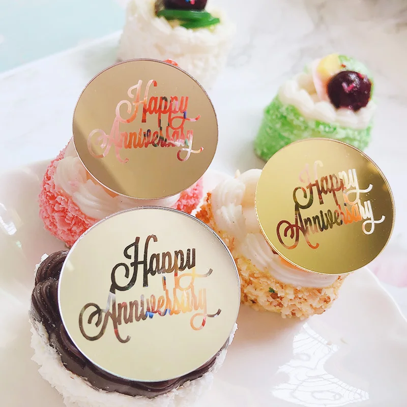 5cm New Gold Happy Anniversary Cupcake Topper Acrylic Sliver Circle Cake Topper for Wedding Anniversary Party Cake Decorations