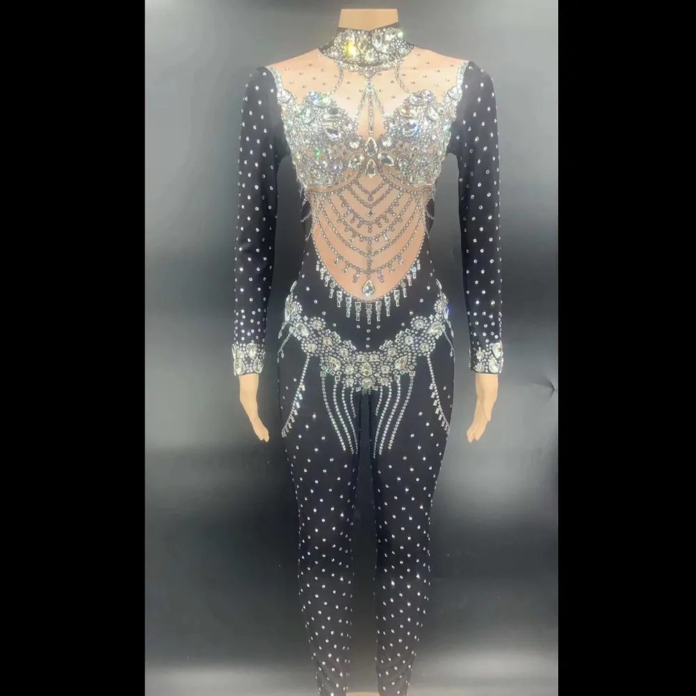 Fashion Crystal Party Jumpsuit Women Long Sleeve Stretch Skinny Rhinestone Rompers Nightclub Prom Bodysuit Dancer Stage Costumes