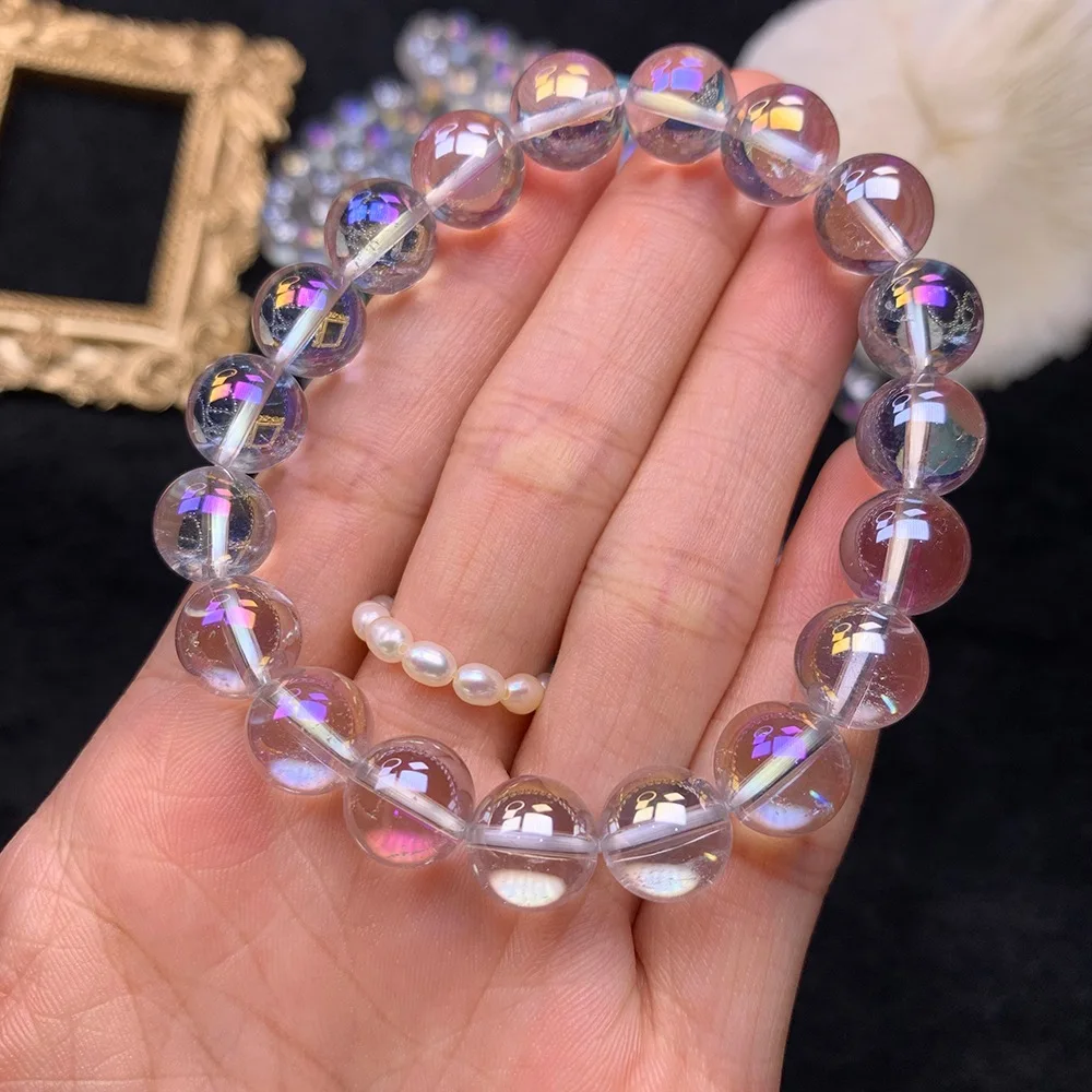 Natural White Quartz Rainbow Bracelet Clear Round Beads Bangle 8mm 10mm Rainbow White Quartz Rare Women Men Wealthy AAAAA