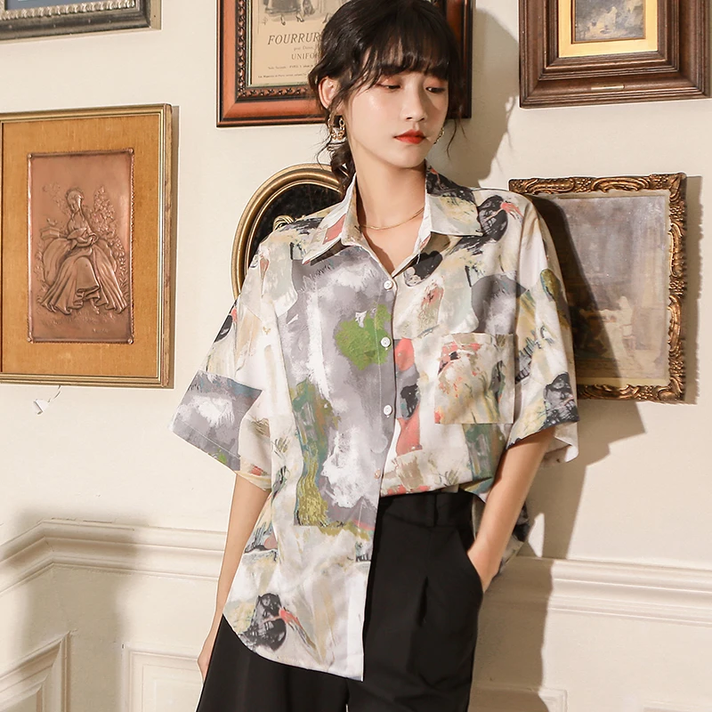 CHEERART Colored Drawing Short Sleeve Blouse Women Summer Top Button Up Loose Collared Shirt Casual Fashion 2020