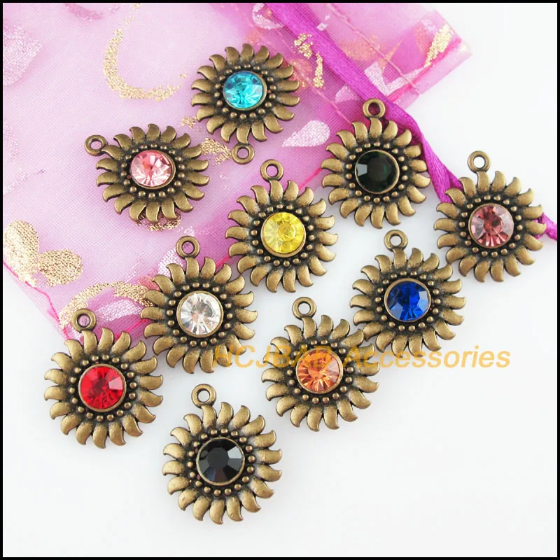 10Pcs Antiqued Bronze Plated Sun Flower Round Star Mixed Crystal Charms Pendants 20x24mm